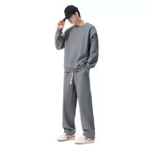 Men's Soft Casual Tracksuit Solid Color Athletic Set Spring Autumn Sportswear Round Neck Loose Fit Comfortable Outfit