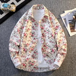 Flower Printed 100% Cotton 2026 Men's Soft Shirt Button Pocket Casual Holiday Elegant Long Sleeve Shirt Turn Down Collar